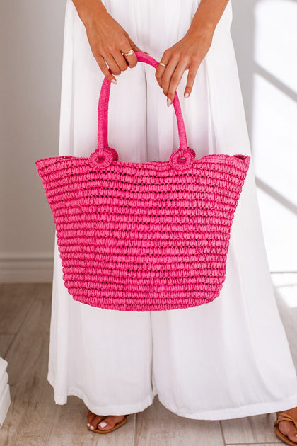 20 Pink & White Chevron Patterned Straw Beach Tote Bag with