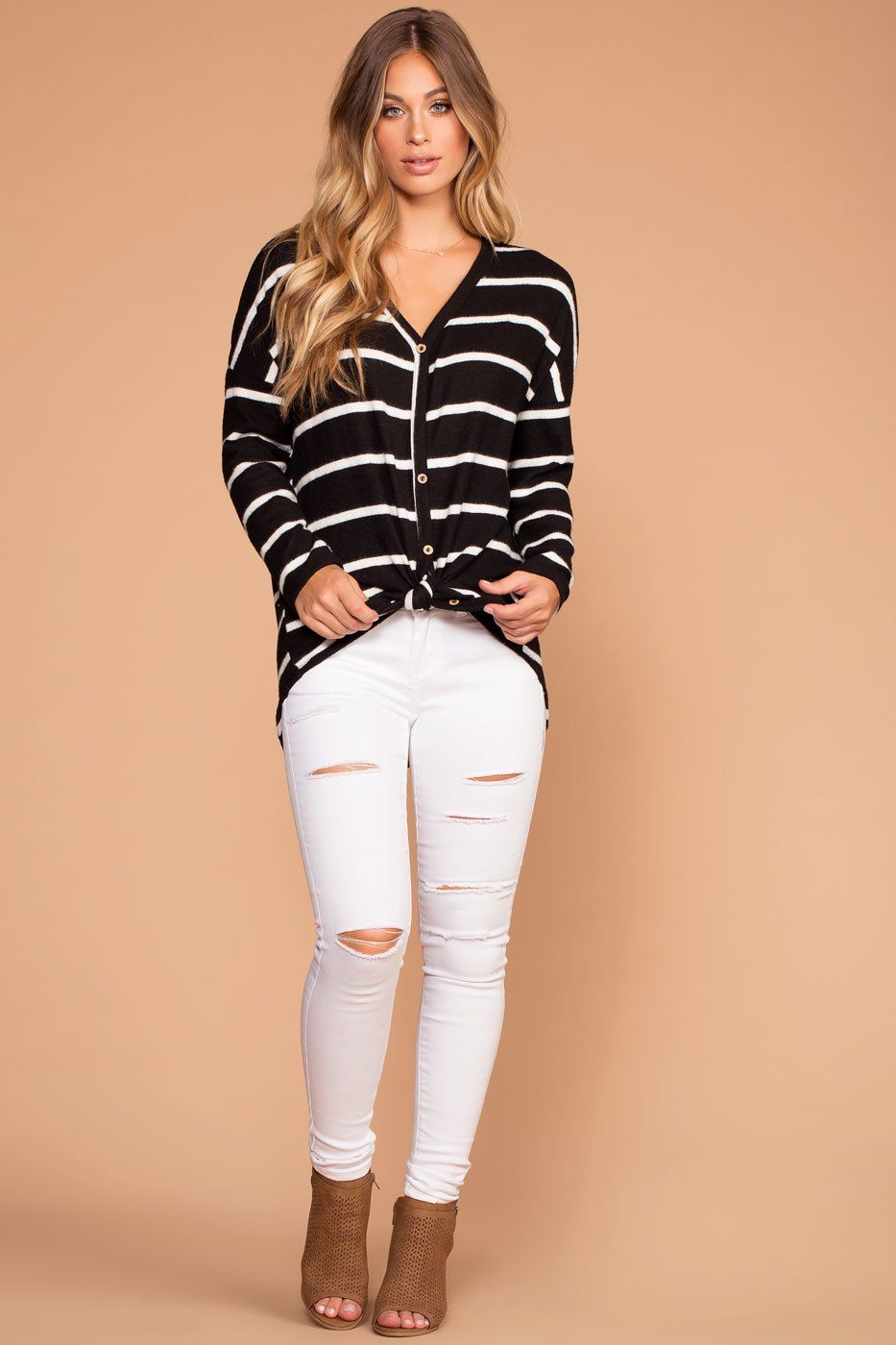 Colette Black And White Stripe Brushed Knit Tie-Front Sweater | White Birch