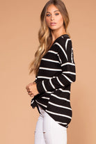 Black And White Stripe Brushed Knit Tie-Front Sweater