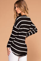 Black And White Stripe Brushed Knit Tie-Front Sweater