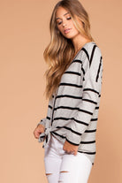 Grey and Black Stripe Brushed Knit Tie-Front Sweater