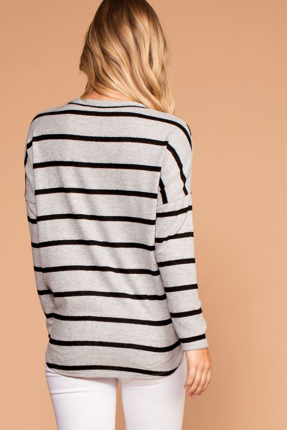 Grey and Black Stripe Brushed Knit Tie-Front Sweater