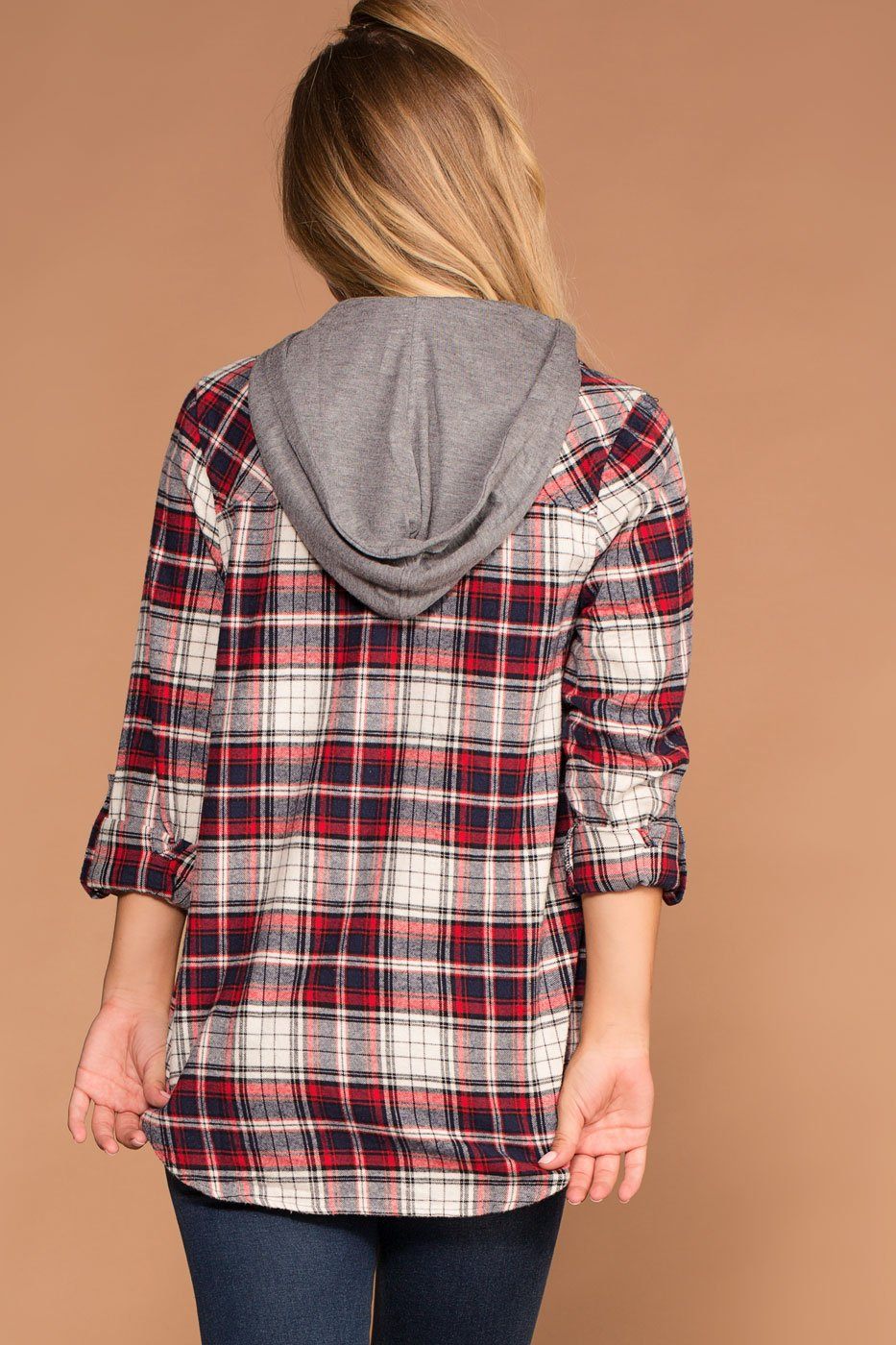 Red Plaid Detachable Hoodie Top