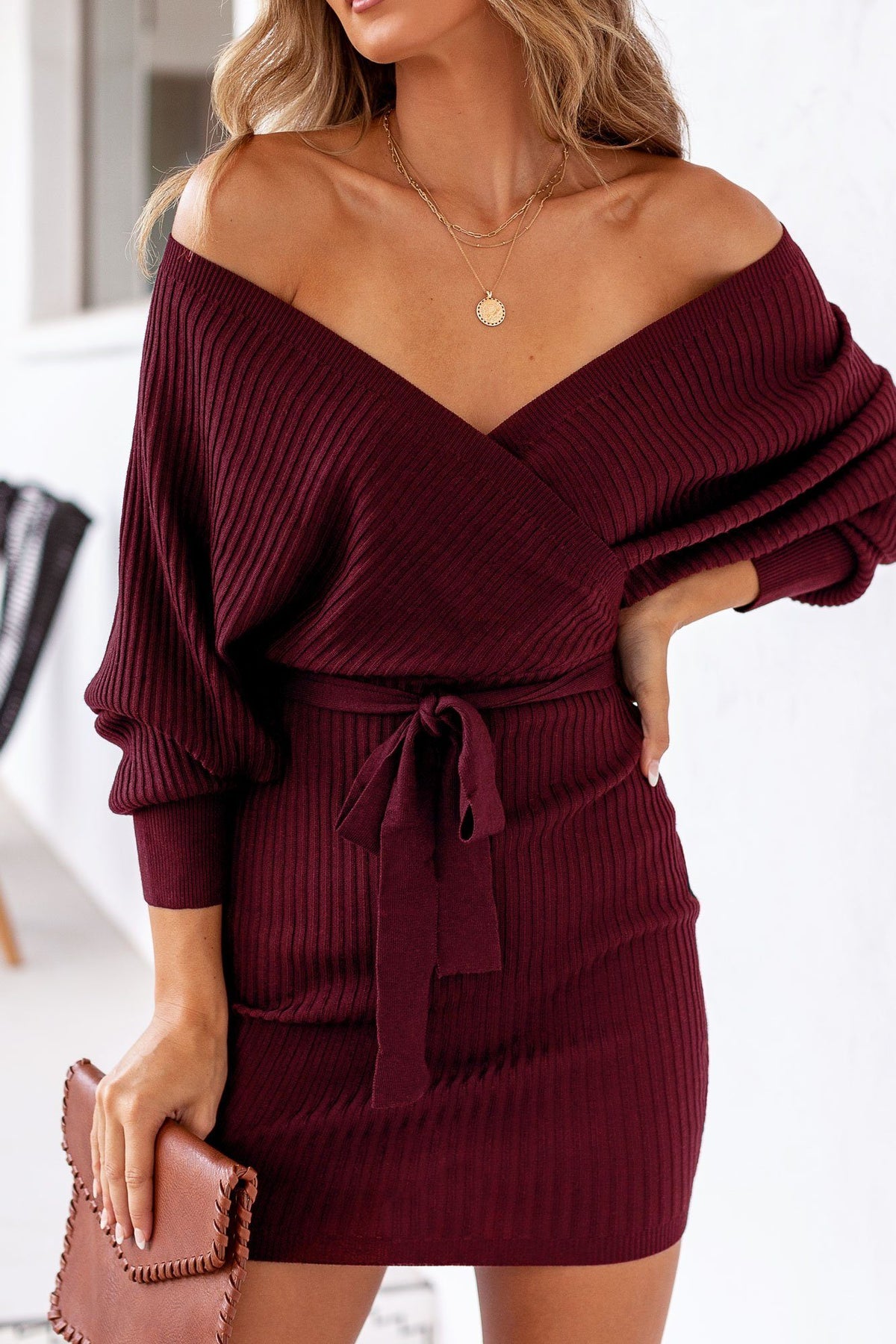 Shop Priceless | Culver | Wine | Ribbed | Wrap | Dress | Sweater