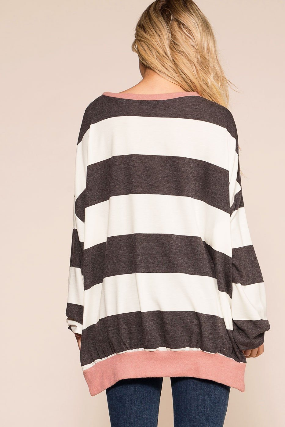 Grey and Mauve Striped Oversize Top