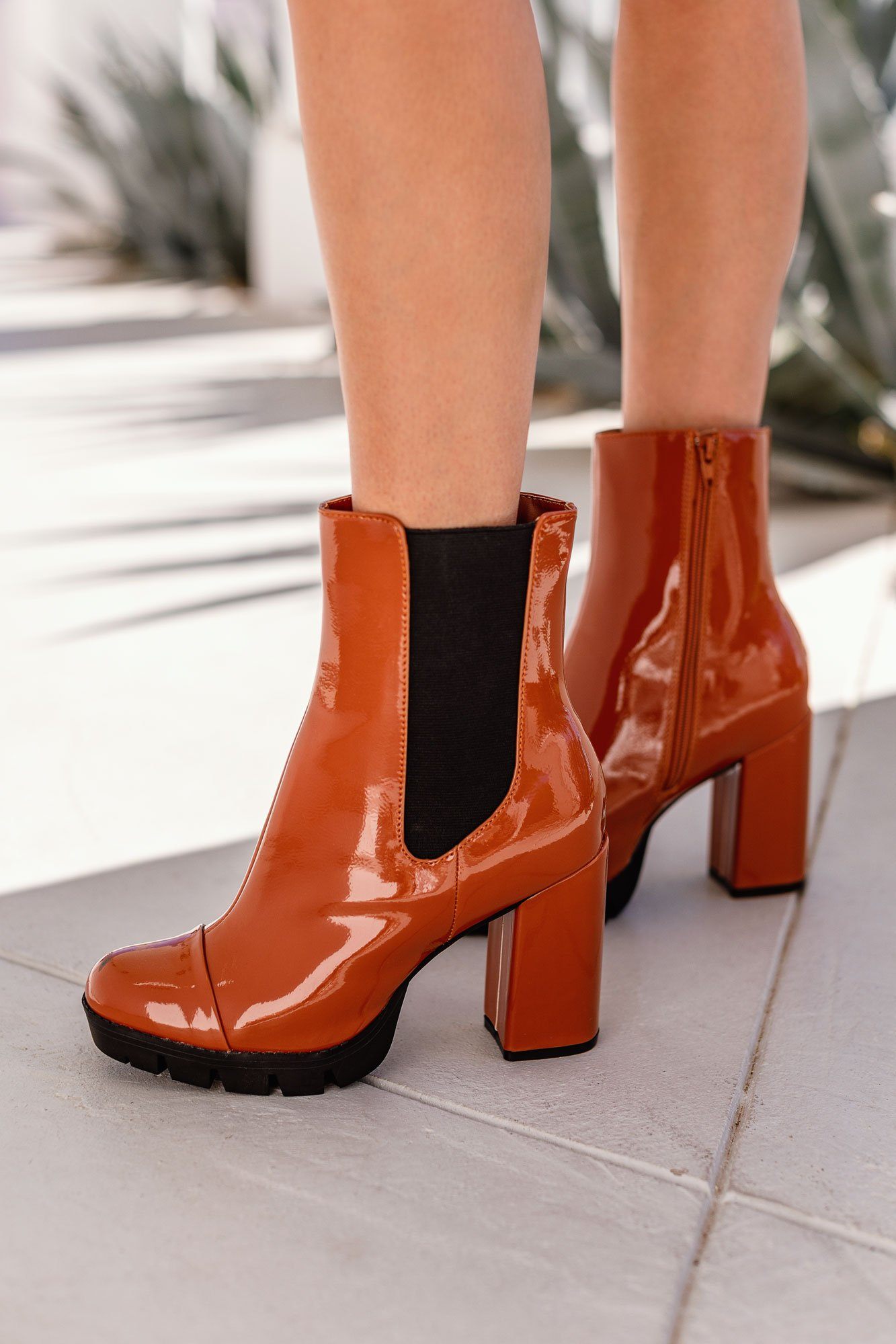 Tan patent sales ankle boots