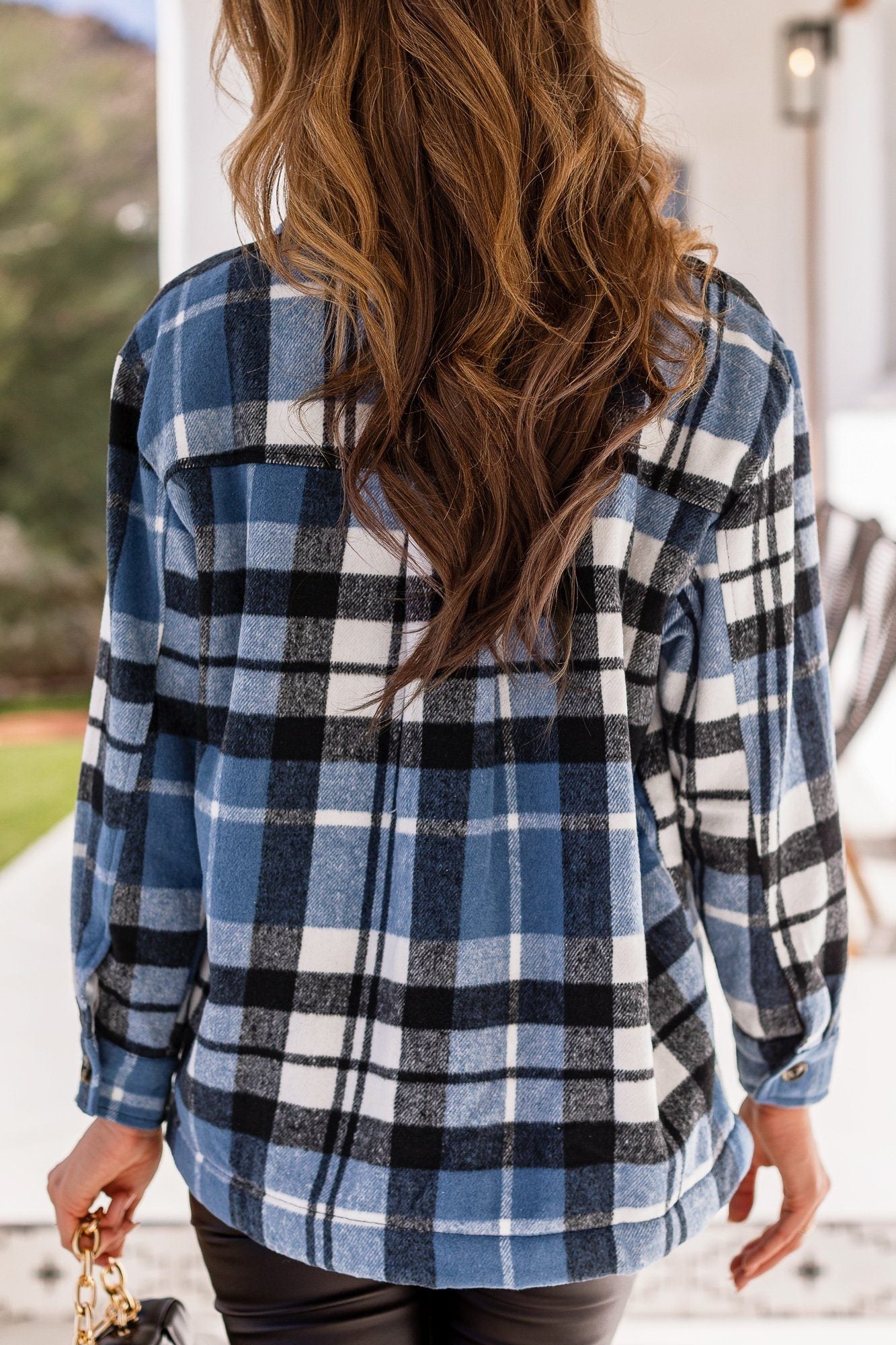 Blue and black plaid jacket sale