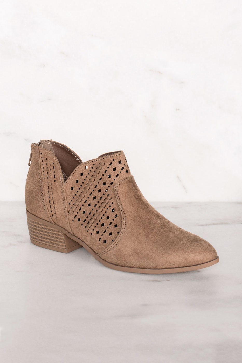 Rosie Taupe Laser Cut Booties | Shop Priceless