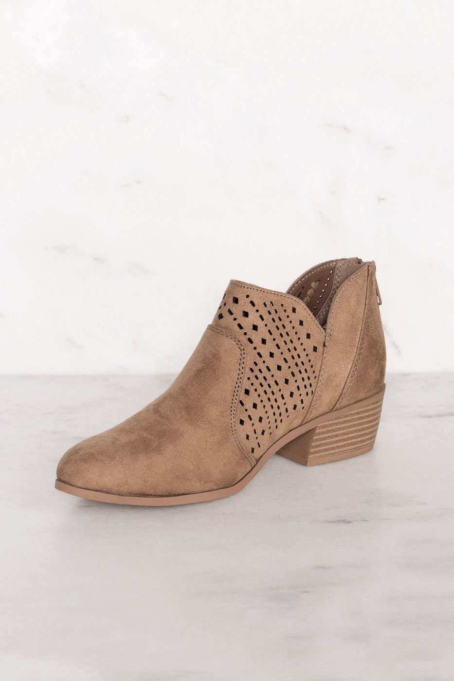 Rosie Taupe Laser Cut Booties | Shop Priceless