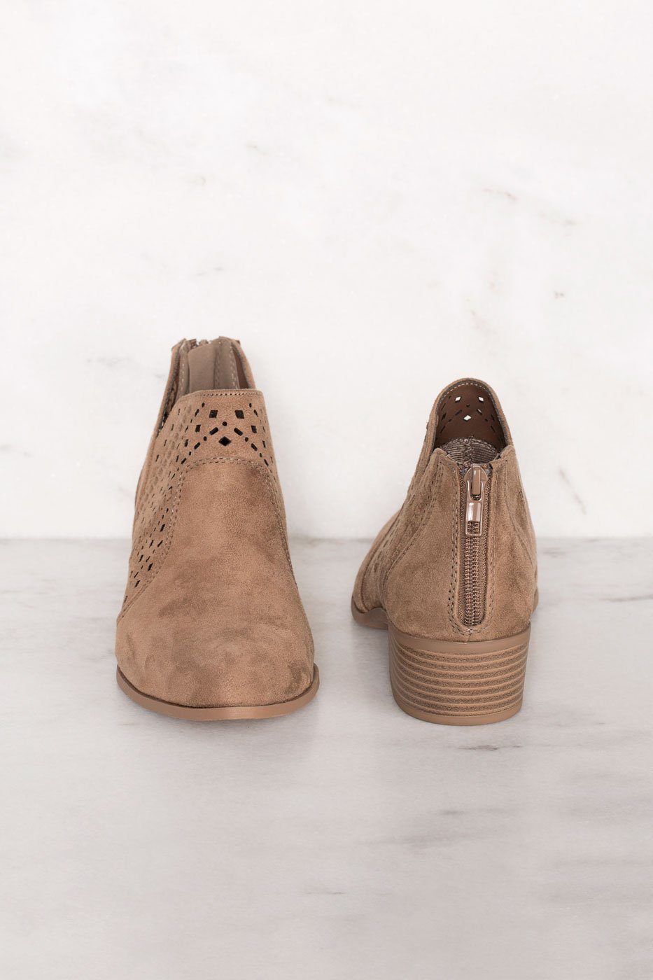 Rosie Taupe Laser Cut Booties | Shop Priceless