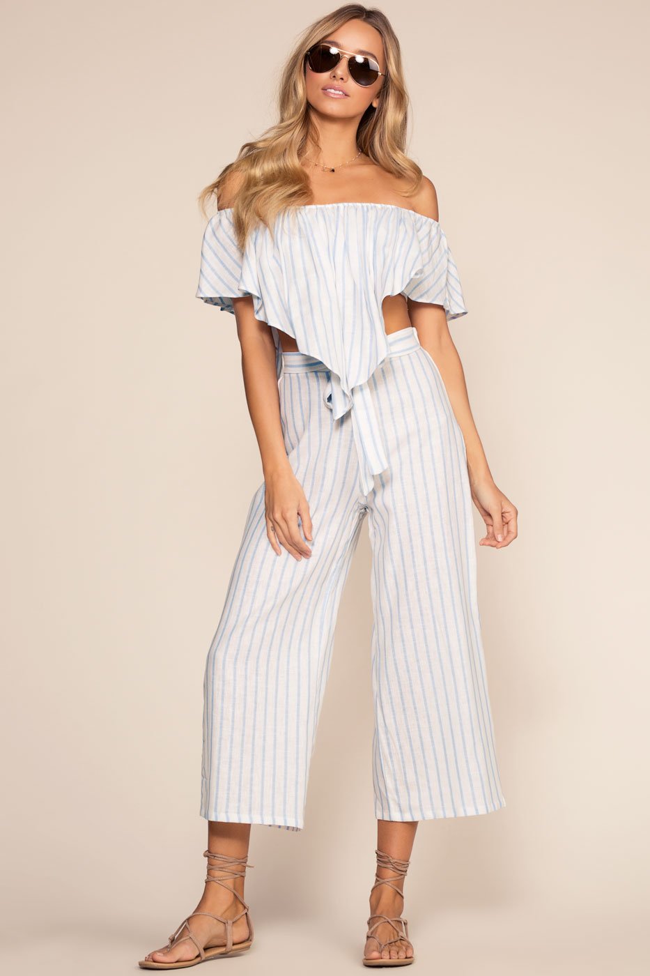 Pants - On My Way To Rio Striped High Waist Culottes - Blue