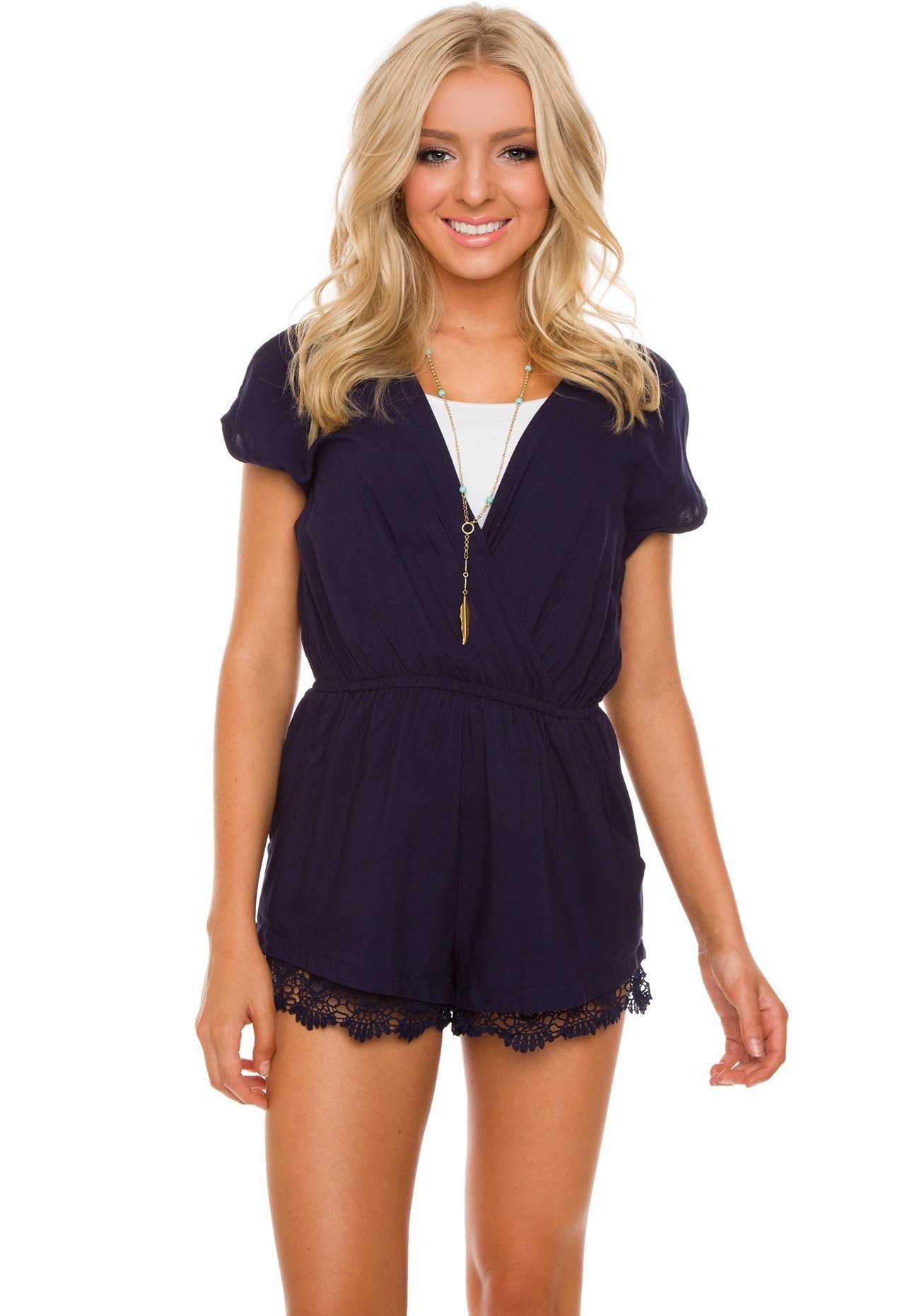 Rompers - Lindsey Lace Romper - Navy