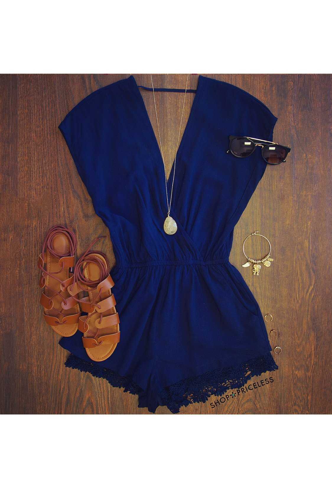 Rompers - Lindsey Lace Romper - Navy