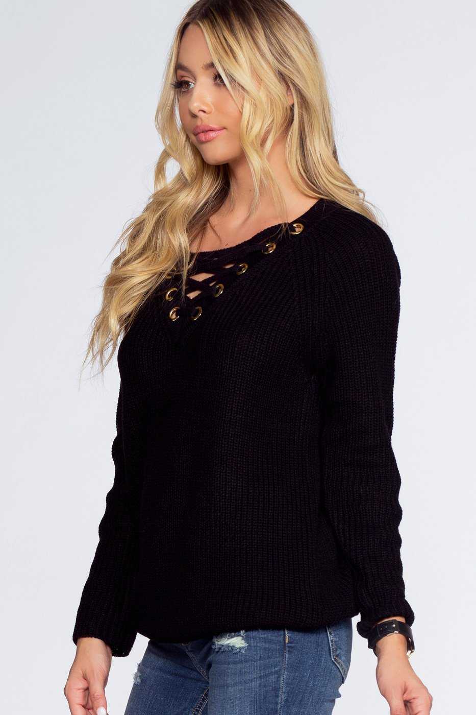 Sweaters - Elsa Lace Up Sweater - Black