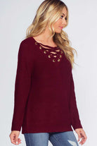 Sweaters - Elsa Lace Up Sweater - Burgundy