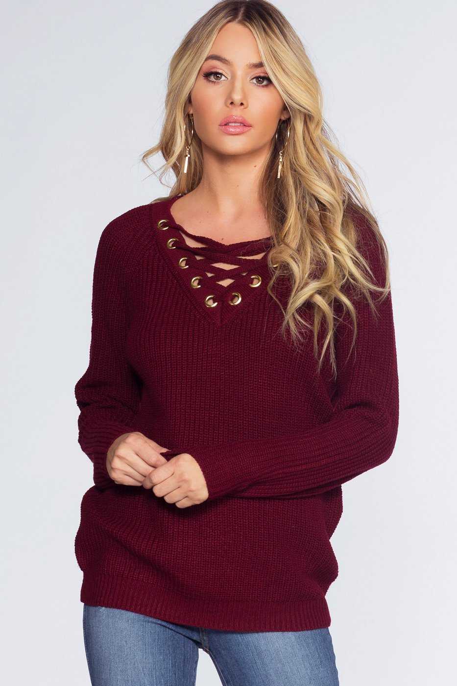 Sweaters - Elsa Lace Up Sweater - Burgundy