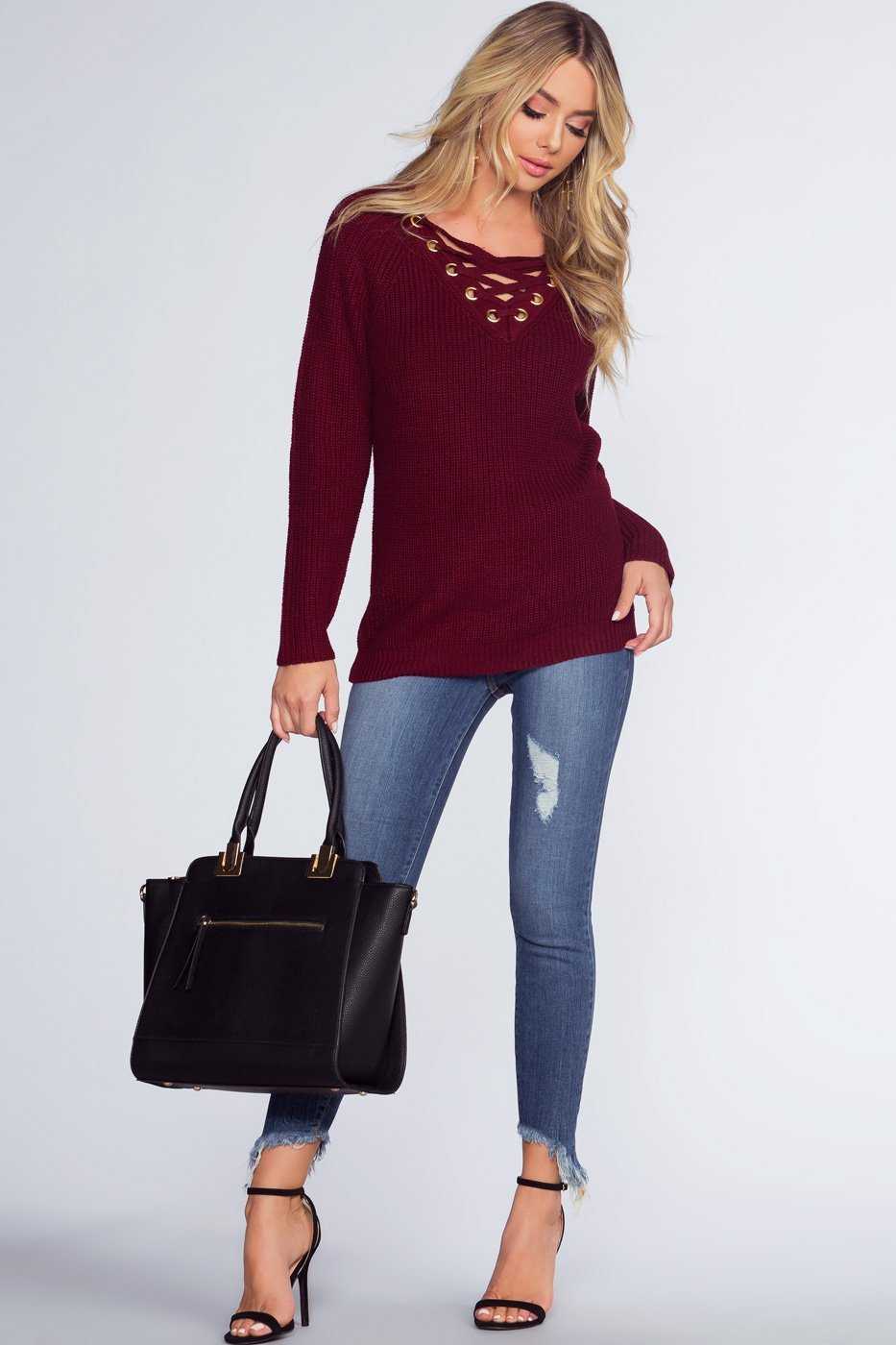 Sweaters - Elsa Lace Up Sweater - Burgundy