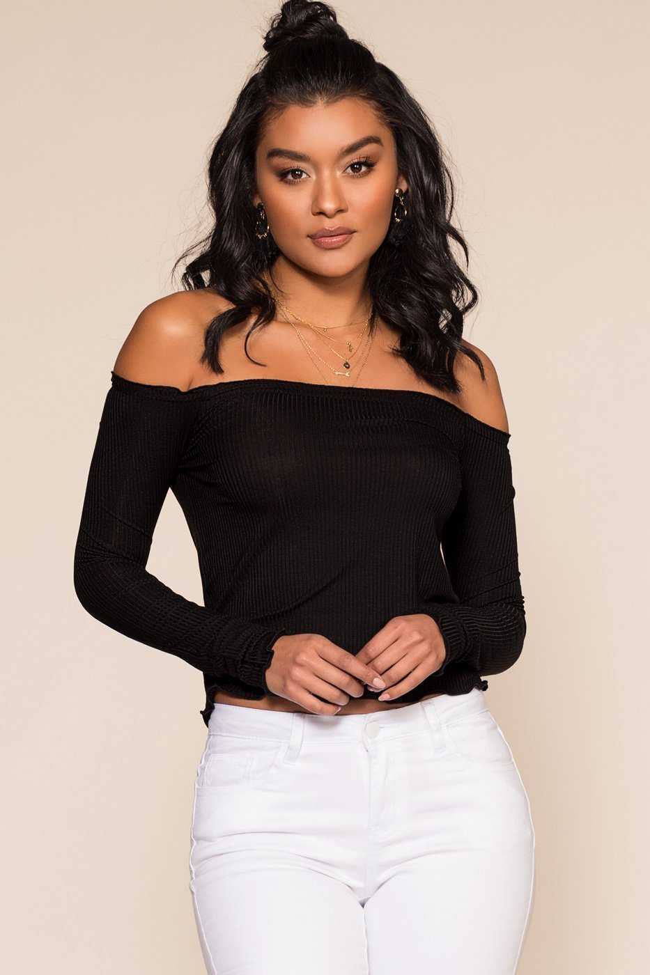 Black Off The Shoulder Ribbed Top with Lettuce Hem