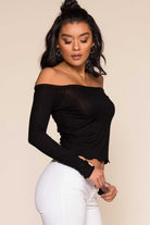 Black Off The Shoulder Ribbed Top with Lettuce Hem