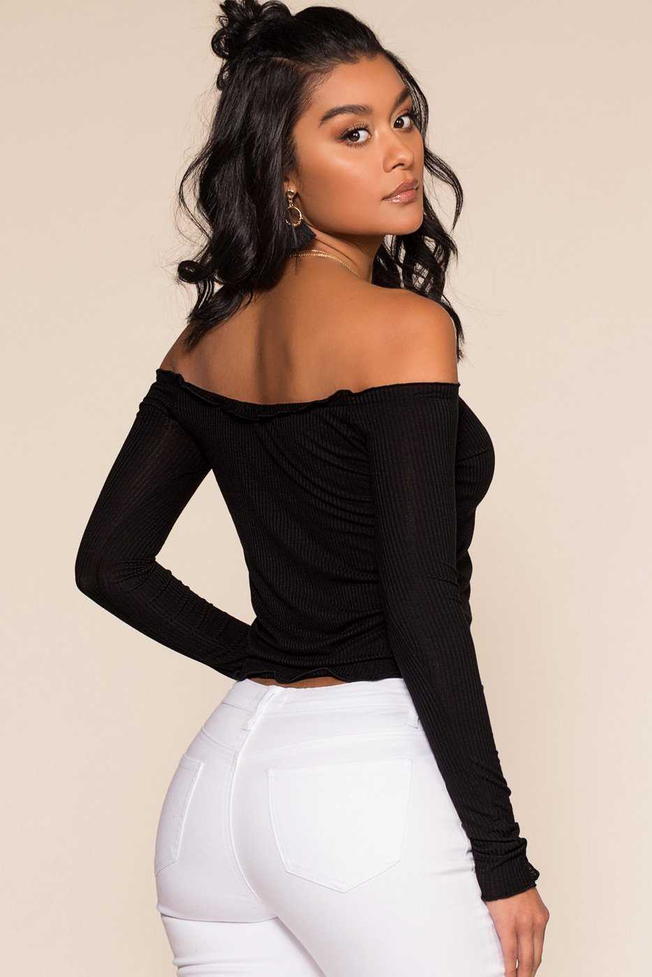 Black Off The Shoulder Ribbed Top with Lettuce Hem