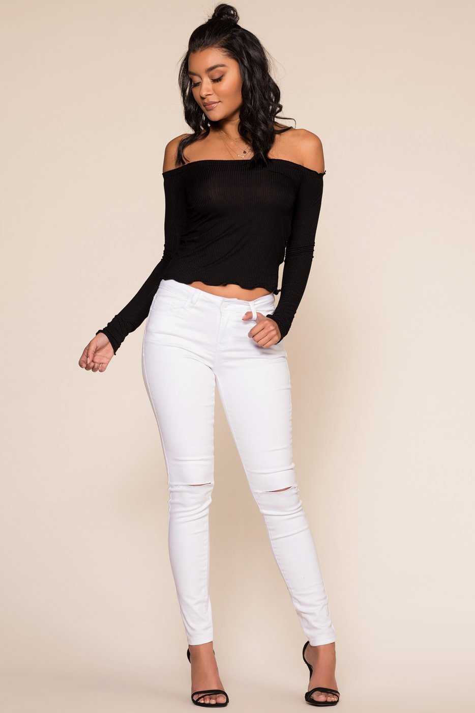 Black Off The Shoulder Ribbed Top with Lettuce Hem